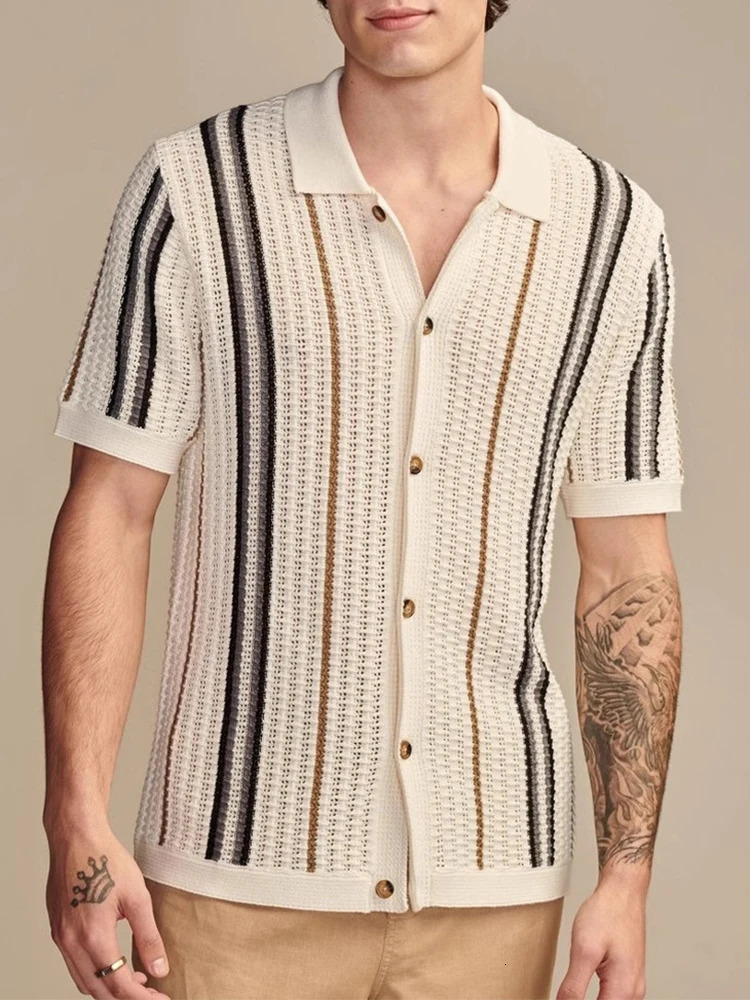 Spring Summer Stylish Striped Shirts Men Knitted Short Sleeve Lapel Buttoned Cardigan Tops Mens Casual Slim Fit Knit Shirt 250520