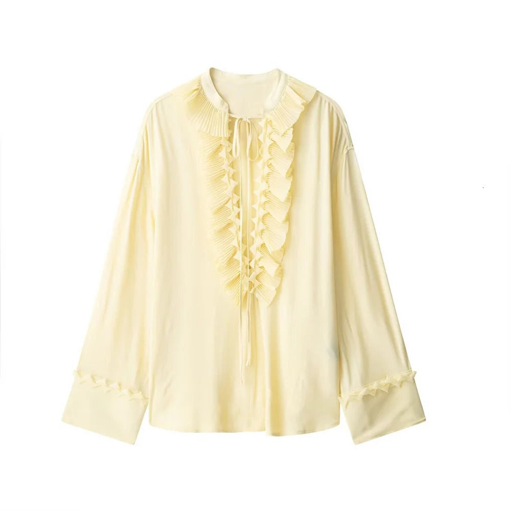 UNIZERA Womens Long Sleeve Ruffled Collar Blouse and Elastic Waist Asymmetrical Skirt Set in Cream for a Chic Look 250520