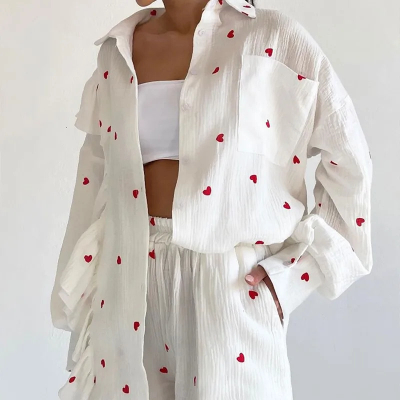 Women Love Printed Ruffles Cotton Shorts 2 Pieces Set Chic Lapel Long Sleeve Shirt Sets Elegant Female Outfits Shorts Suit 250513