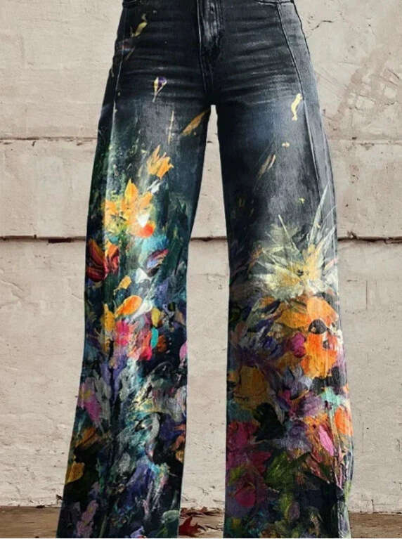High-Waisted Printed Wide-Leg Stretch Jeans - Women's Casual Fashion Must-Have