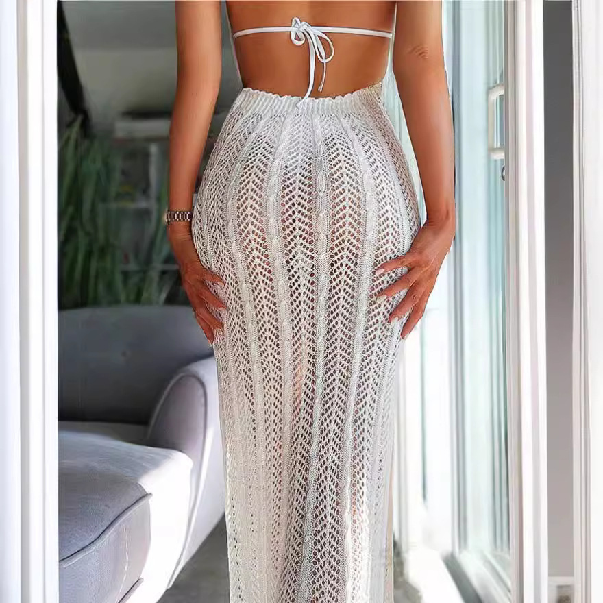 2025 Summer Designer Dress Sexy Hollow Perspective Beach Sleeveless Hanging Collar Women's Slimming Sexy Backless Long Dress Sexy Girls Plus Size