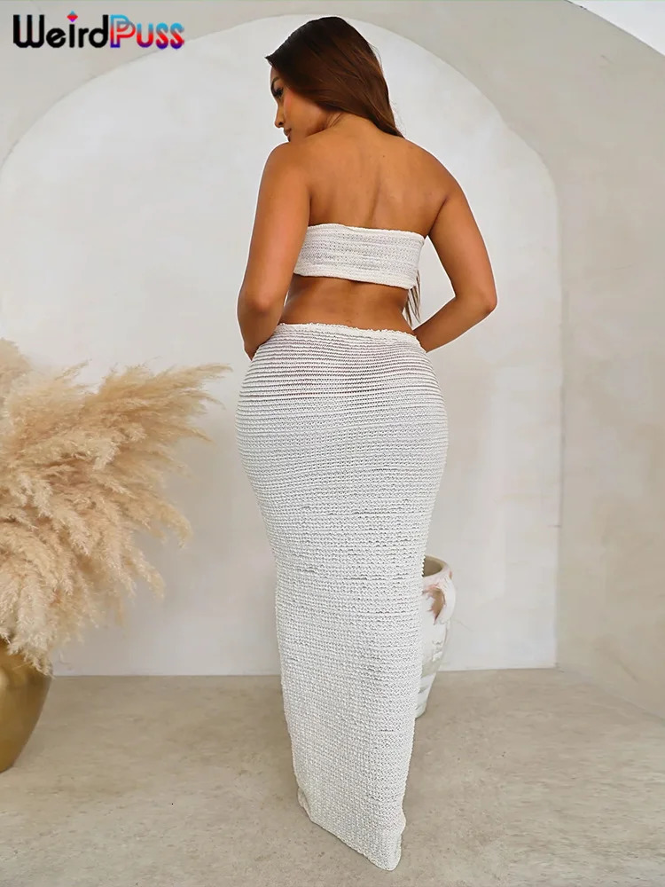 Weird Puss Thin Striped Knot Women 2 Piece Set Midnight Elegant Strapless TopsBandage Skirts Vacation Matching Clubwear 250520