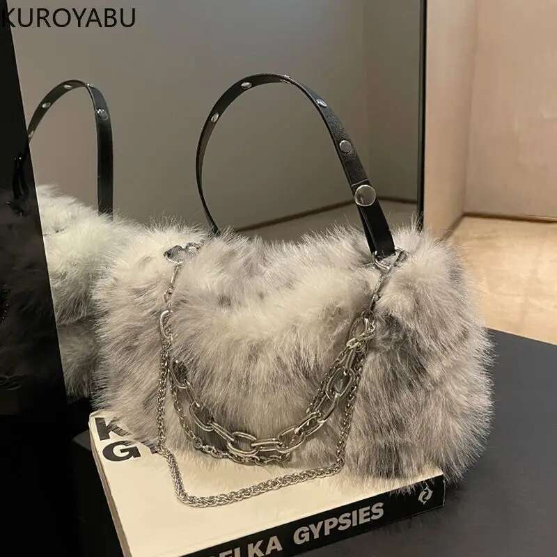 Y2k Women Shoulder Underarm Bags Fashion Chains Faux Fur Ladies Furry Crossbody Bag Soft Plush Female Handbags Tote Purse