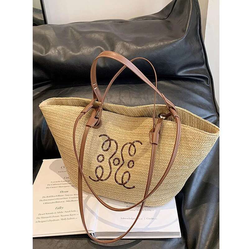 Handheld Straw Woven For Women, Large Capacity Summer Vacation Travel Bucket Commuting Tote Bag, Shopper Bag