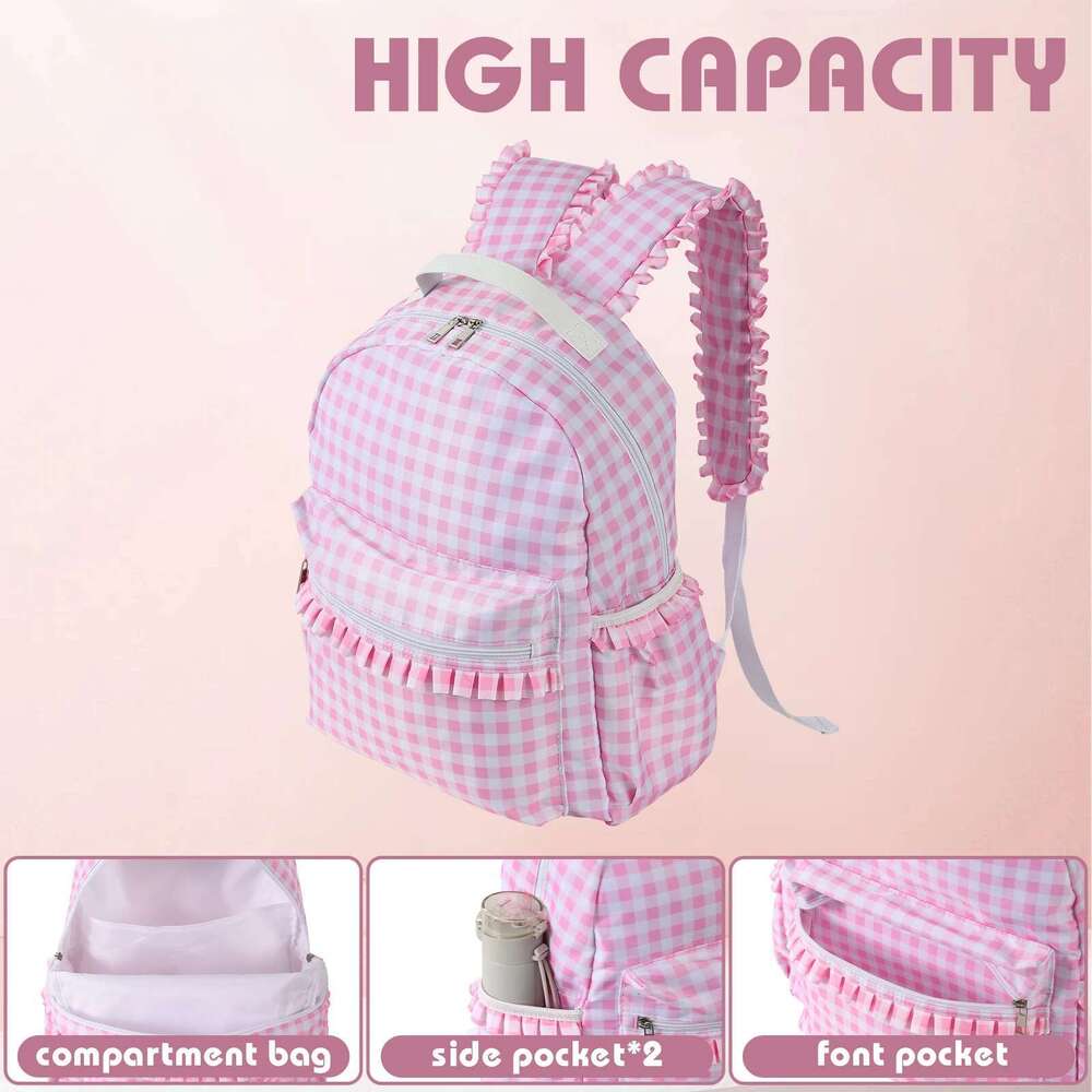 Ruffle Plaid Backpack Girl Pink/Blue Nylon Women Outdoor Travel Weekend Book Schoolbags Back To School Gifts For Kids