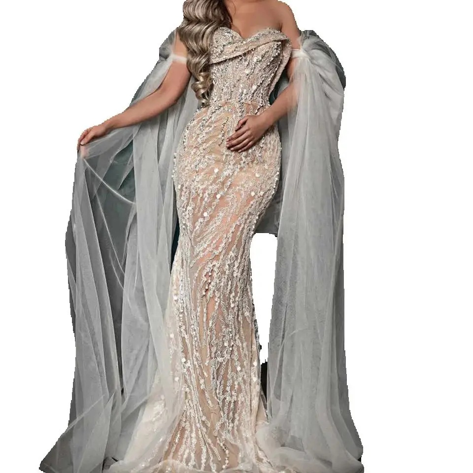 Gorgeous Beaded Mermaid Wedding Dress Sexy Strapless Lace Bridal Dress With Removable Tulle Sleeve Customized vestidos de novia