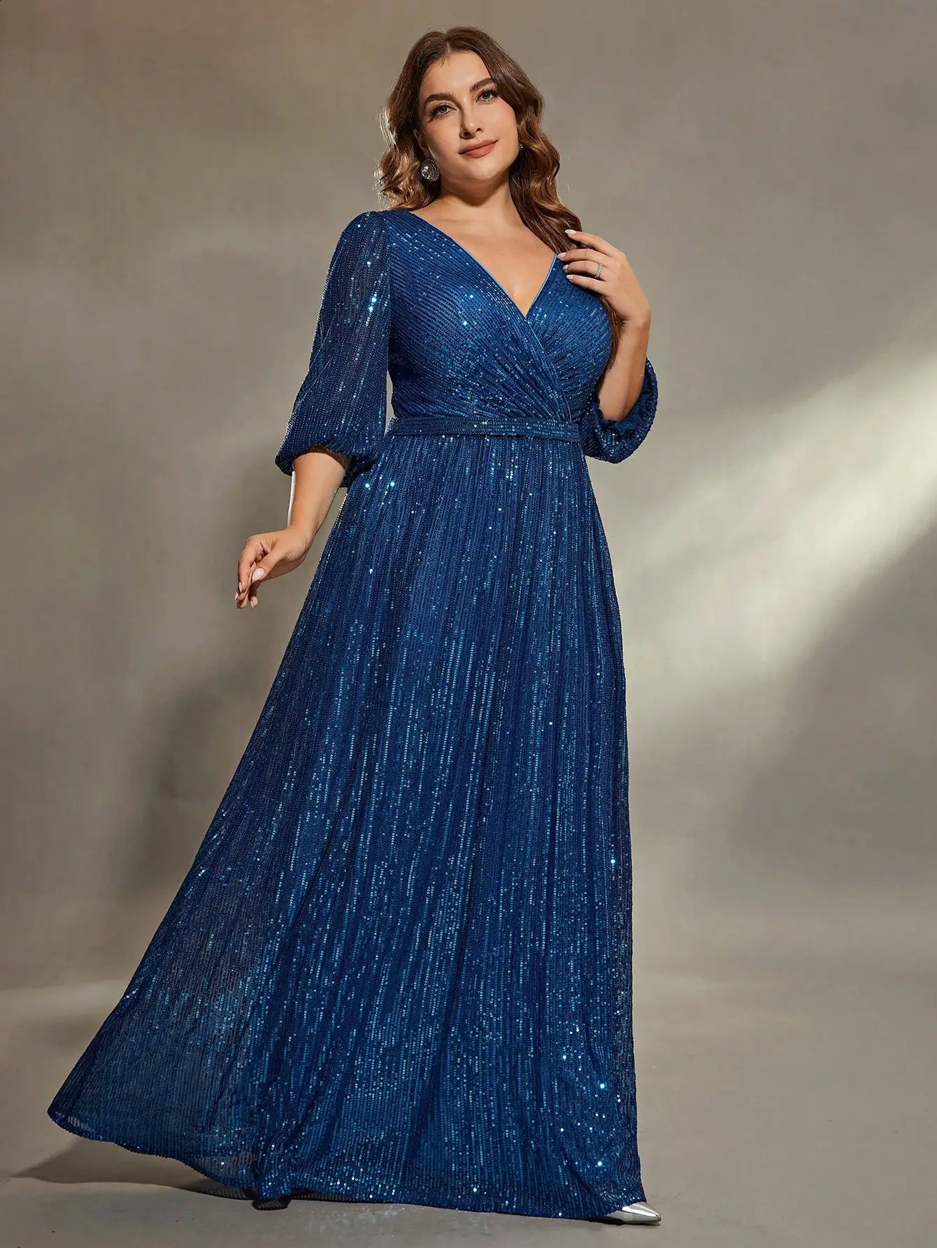 Mgiacy plus size V-neck bust pleated mid-long sleeve A-frame sequin long dress Evening gown PROM dress Party dress 250519