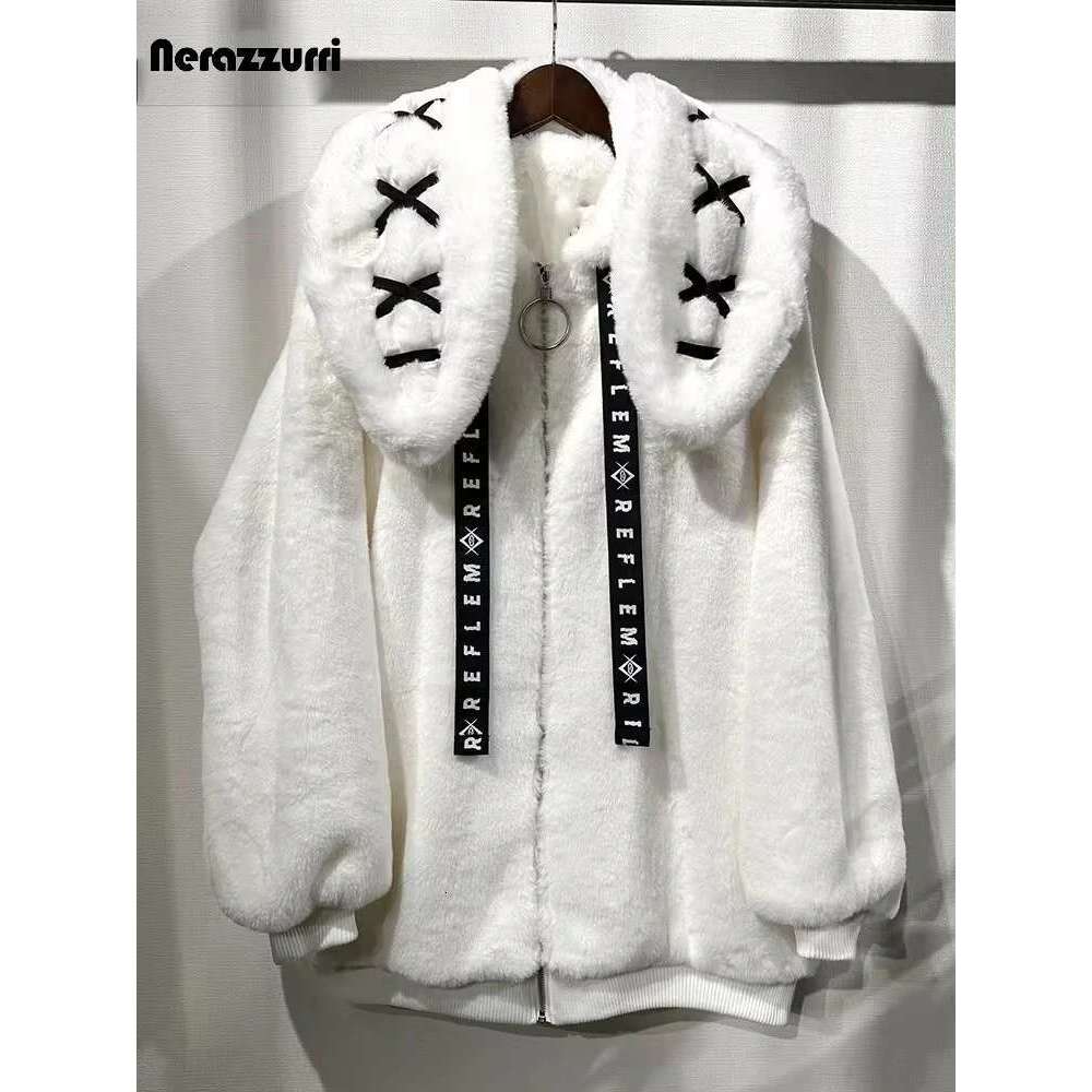 Nerazzurri Winter Sweet Kawaii Soft Thick Warm White Faux Fur Coat Women With Bunny Ears Cute Fluffy Jacket Hoodie 2024