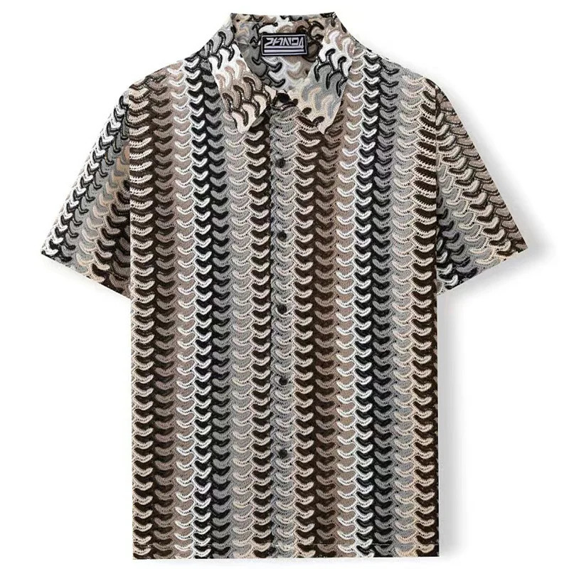 Spring Summer Fashion Beach Casual Mens Shirts Knitting Cardigan For Men Vintage Striped Colorful Hollow Breathable Lapel Shirt 250520