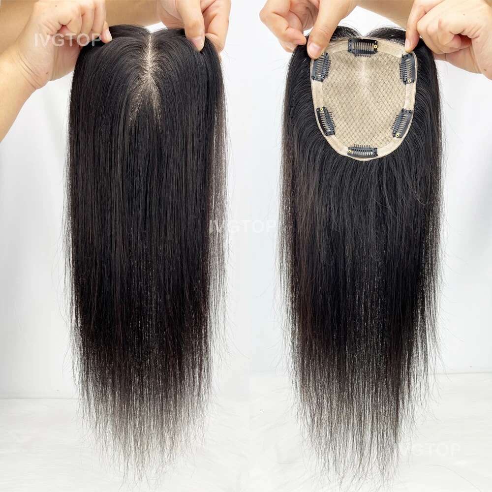 12x14cm Base Human Topper Women Full Size Hand Tied Silk Top Toupee Free Part Remy Hair Piece System with Clips in