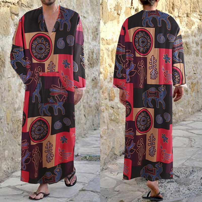 Designer Clothing Arabian Dubai Omani Robe Cotton Oracle Bone Script Elephant Print Saudi Men's Clothing 2025 New Model
