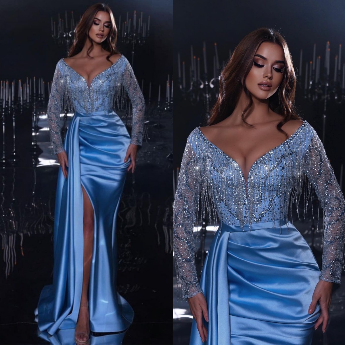 Stylish Evening Dresses Off Shoulder Prom Dress Tassel Sequins Princess Detachable Train Long Sleeve Slim Mermaid Sweep Train Party Gowns Vestidos De 