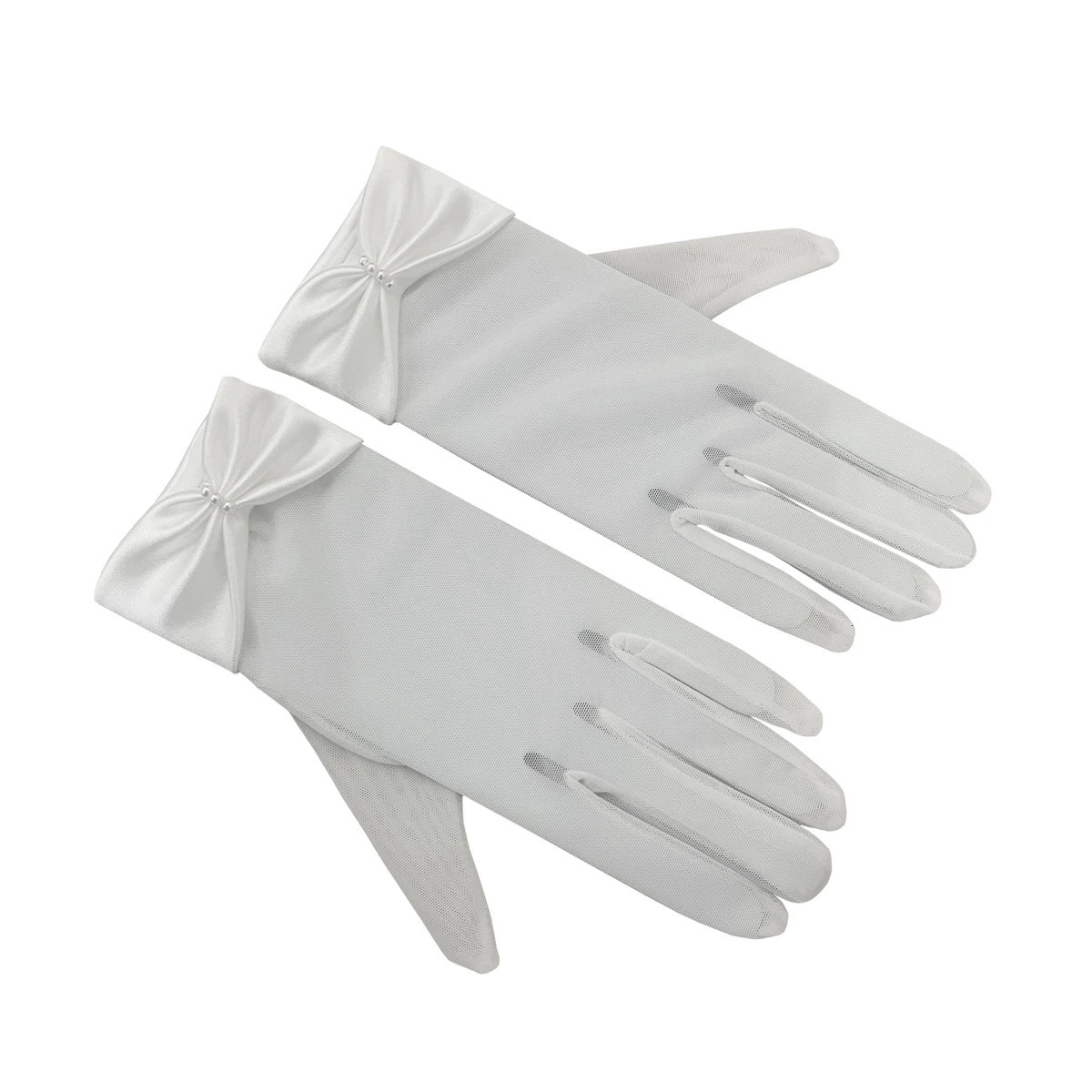 WG058 Wedding Bridal White Handmade Gloves Satin-Pearl Bow Finger Wrist Short Gloves Women Prom Pageant Handschuh 250520