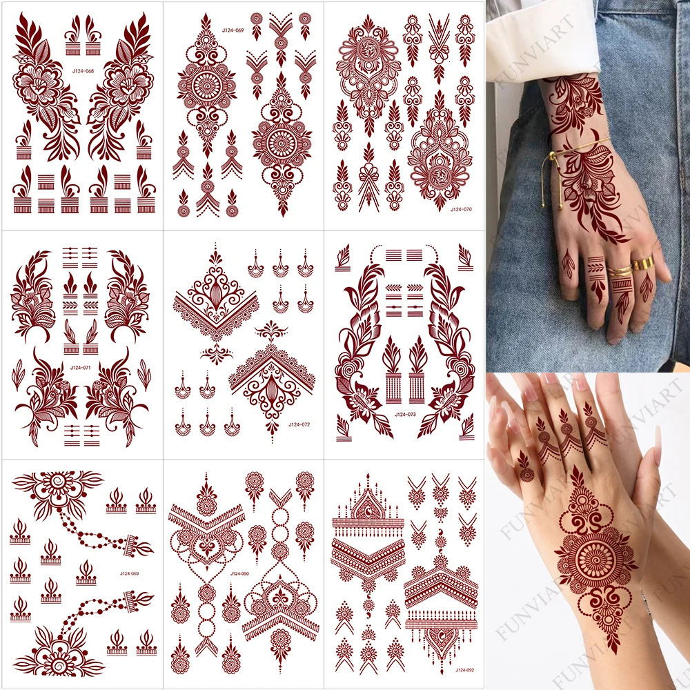 9 Sheets Temporary Henna Tattoos for Women Maroon Flower Leaf Henna Hand Tattoo Stickers Suitable for Wedding Festival Body Art 250515
