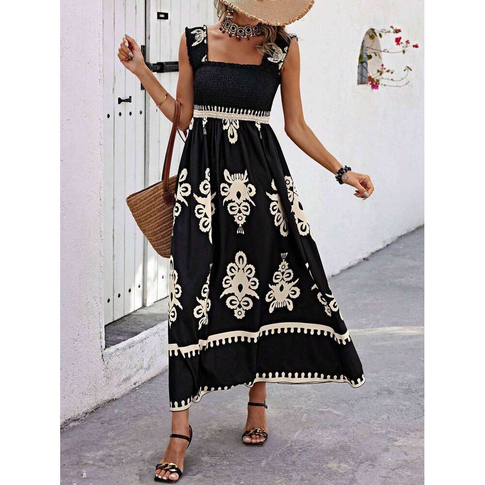 New hot selling women's beach dresses in Europe and America, vacation style printed chest wrapped dresses, 2025 new casual fashion trend clothing
