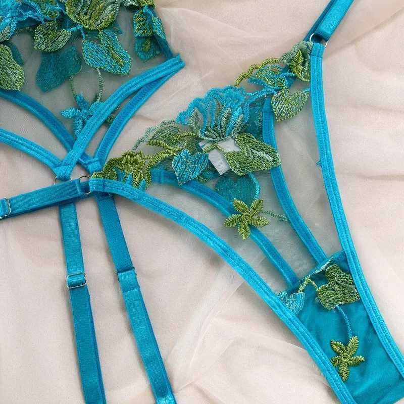 Sexy Embroidery Underwear Set Sexy Girdle Garter Underwear Set Mesh Patchwork See-through Embroidery Sexy Lingerie Set R250520