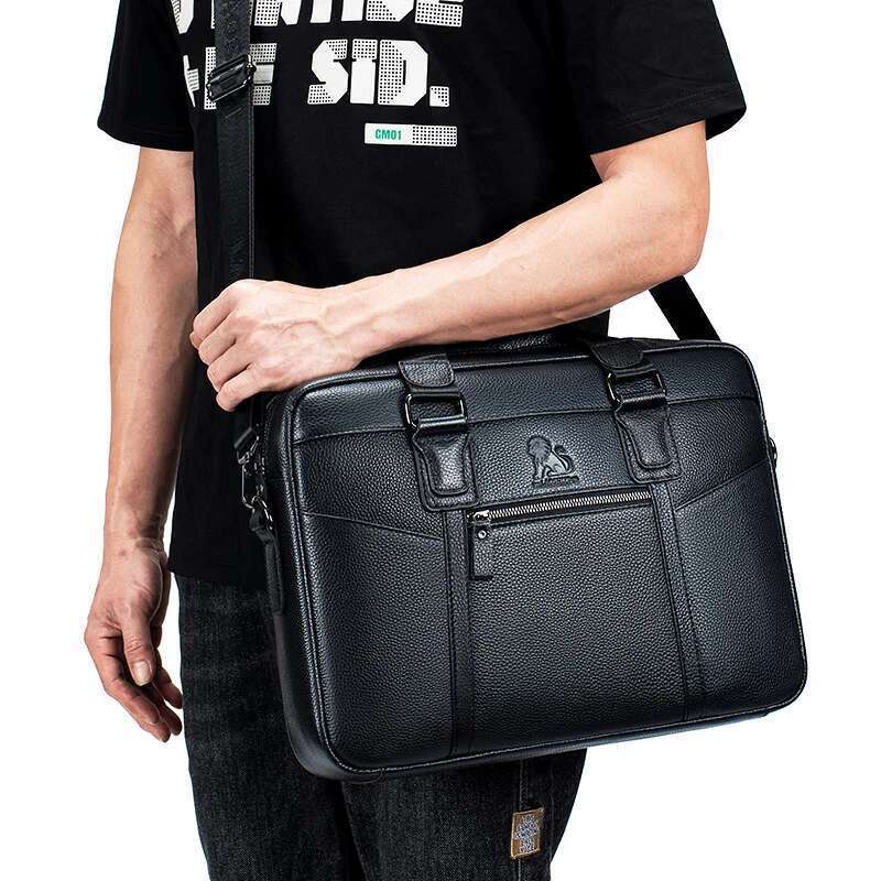 Men's Leather Briefcase, Cowhide Computer Handbag, Large Capacity Single Shoulder Crossbody Business Bag, Rear Lage Strap