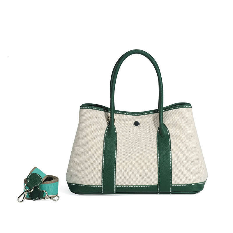 Tote Bag Large Capacity Garden Canvas Splicing Contrasting Leather Top Layer Cowhide Hand Held Single Shoulder Shopping Bag Bucket Tote Bag Lady Bags