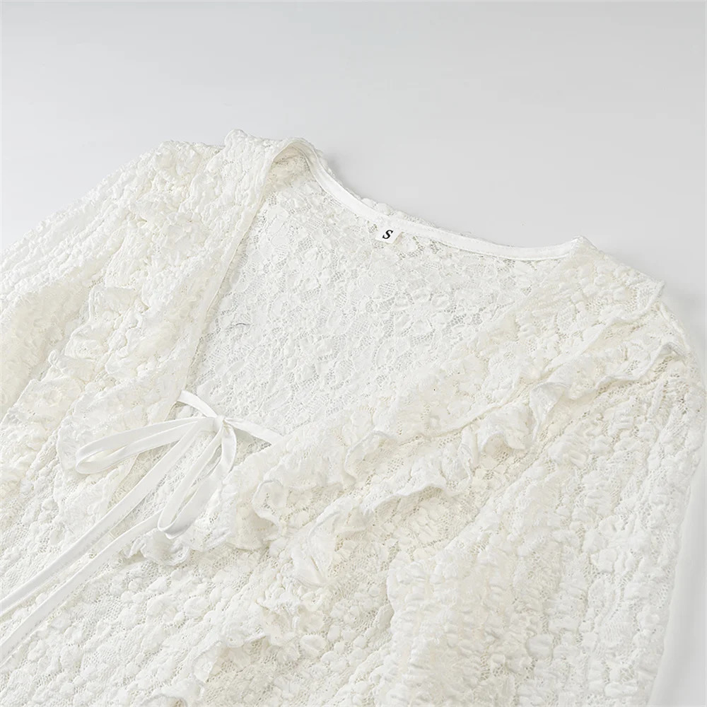UNIZERA Womens Ruffle Slim Lace Long Sleeve Shirt Solid Color Decoration SpringSummer Product Casual Wear 250520