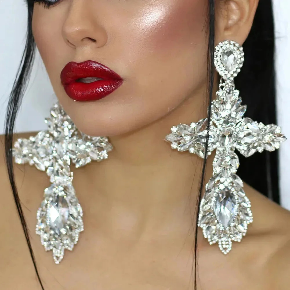 Exaggerated Big Cross Earrings Dangle Earings Crystal Jewelry for Women Vintage Long Earrings Large Ear Jewelry Accessories 250519