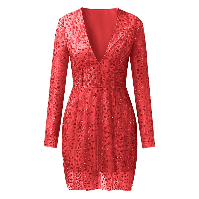 Designer's 2025 Fashionable Women's Deep V Long Sleeve Sequined Mini Dress
