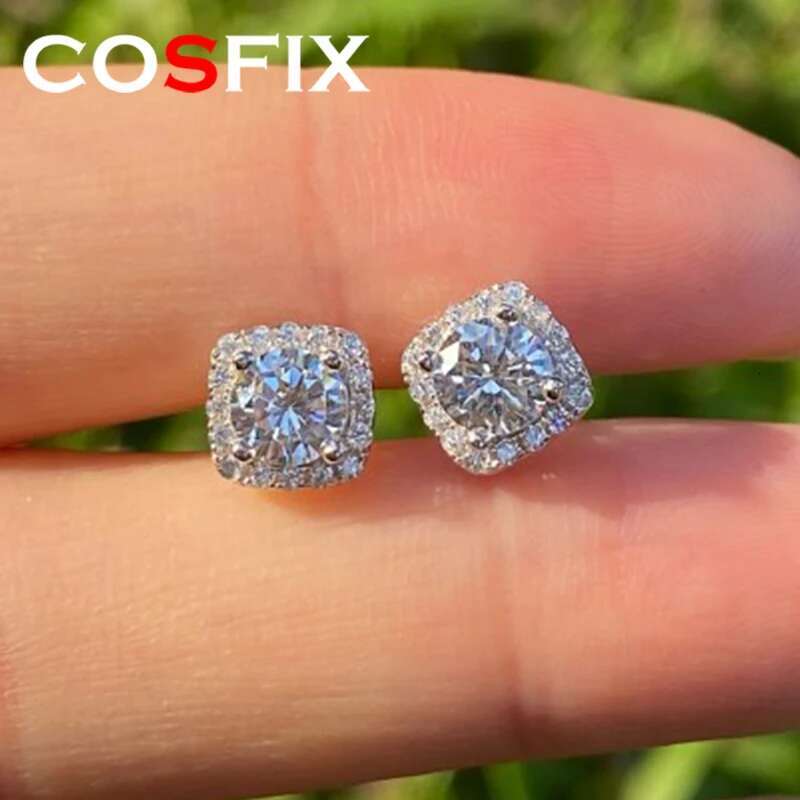 COSFIX White Gold 1CT Moissanite Stud Earrings for Women Round Cut S925 Silver Luxury Square Jewelry Lab Diamond Earring Gift