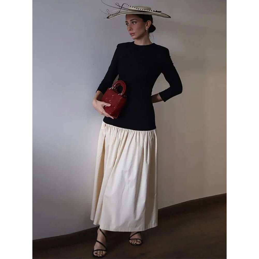 Fashion Contrast Splicing Pleated Long Dress For Women Casual Round Neck Loose Cropped Vestido 2025 Lady High Street Robe Spring Designer