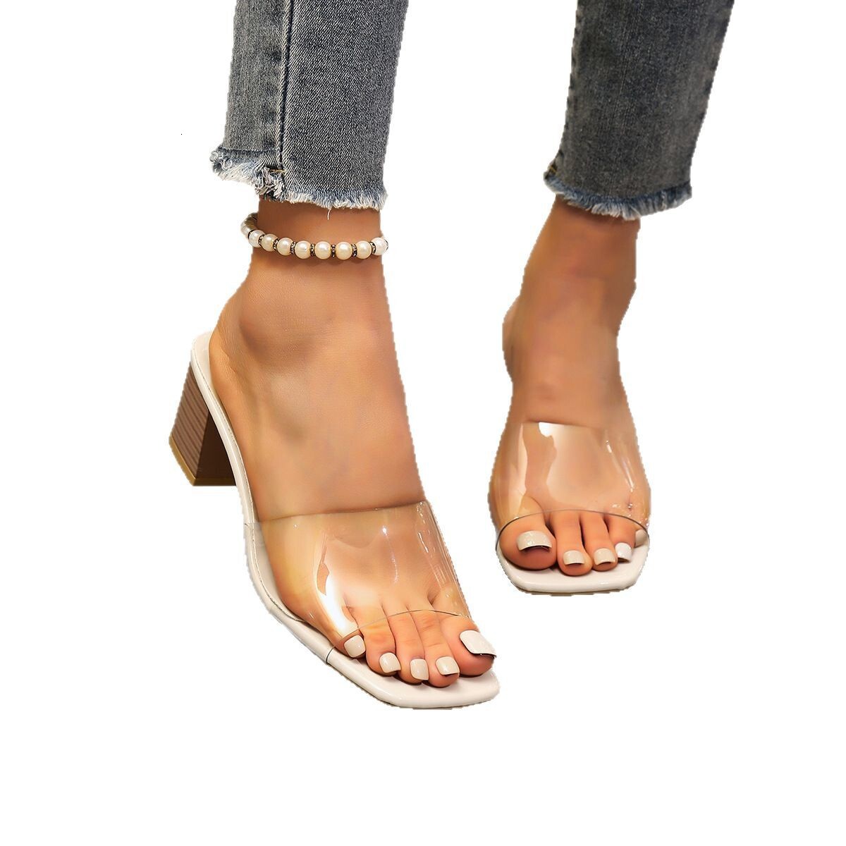 Oversized Summer New Style Square Head One Font Thick Heel Cool Slippers Casual Shoes Walking Fish Mouth High Heels Ddmysaturn