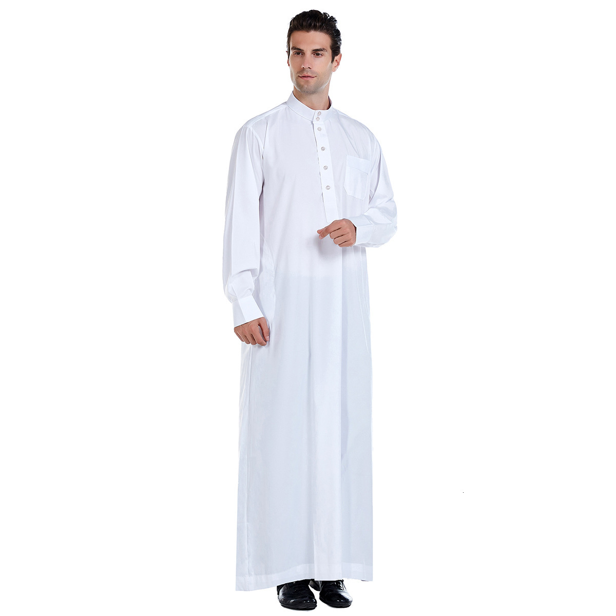 High quality new item free delivery men's standing collar solid color button Muslim long shirt large ethnic 2025 new item