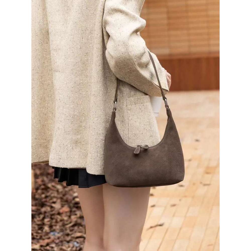 Women Designer New Soft Suede Genuine Leather Zipper Casual Single Shoulder Solid Color Hobo Bag Ladies Office Handbag