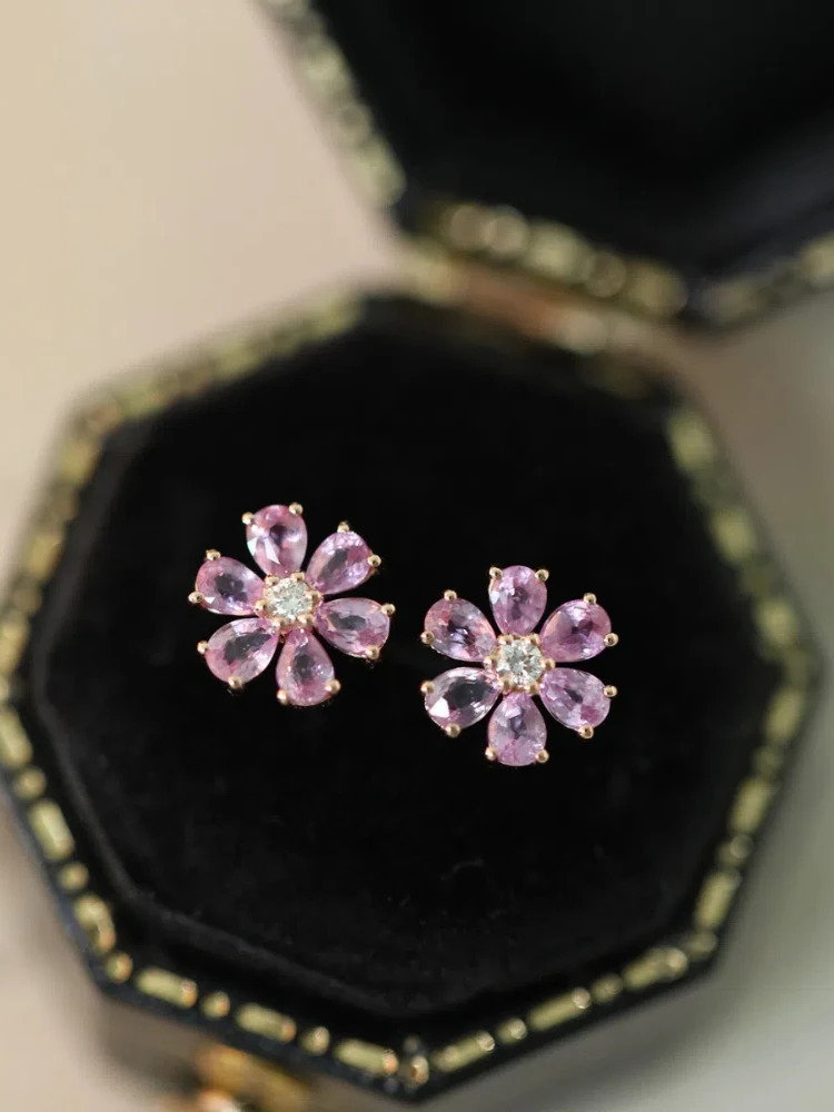 S925 Sterling Silver Womens Stud Earrings Pink Zircon Cherry Blossom Earrings Jewellery for Women Daily Wear Holiday Party Gift 250517