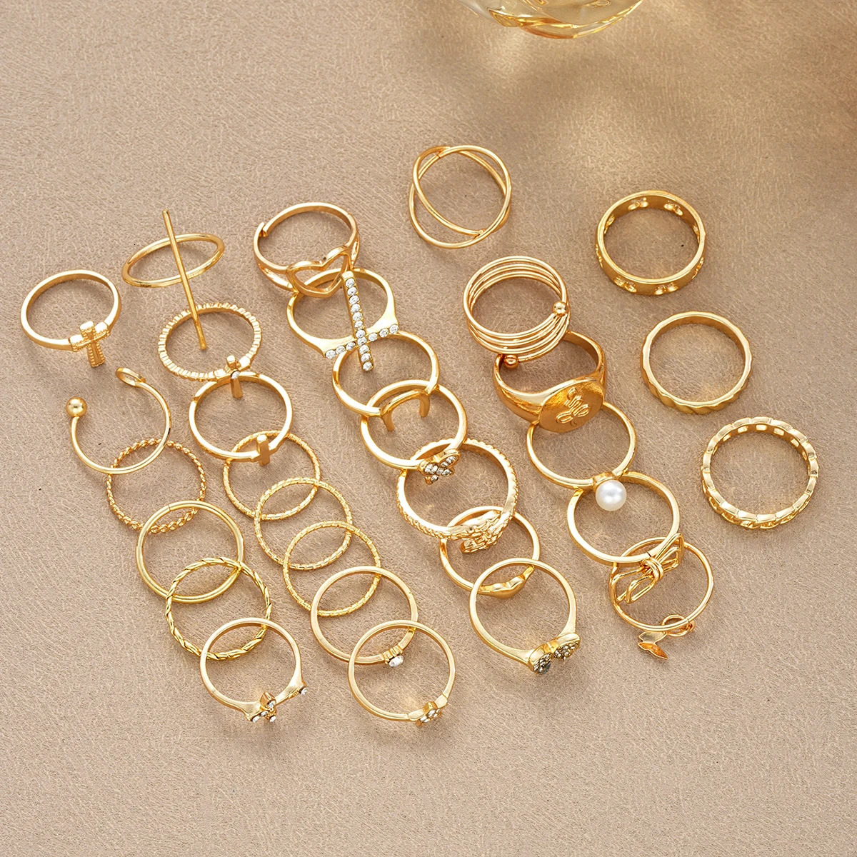 30pcs/Set Fashion Cross Love Rhinestone Ring Simple Wave Metal Circle Hollow Geometric Rings For Women Trendy Jewelry Gifts 250519