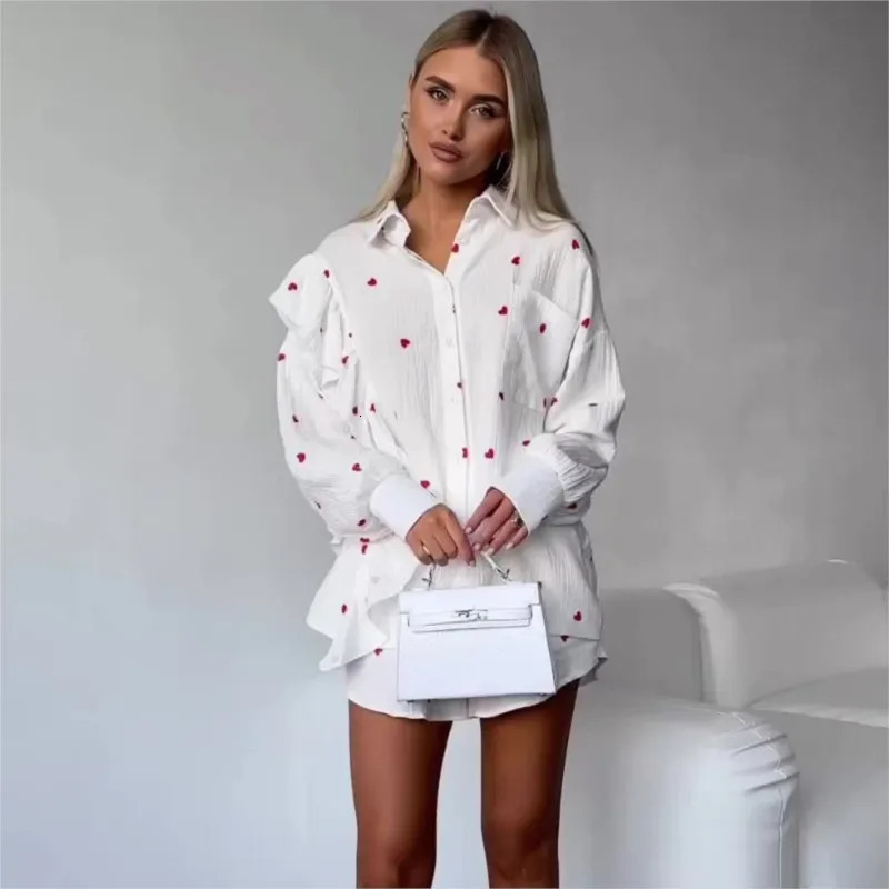 Women Love Printed Ruffles Cotton Shorts 2 Pieces Set Chic Lapel Long Sleeve Shirt Sets Elegant Female Outfits Shorts Suit 250513