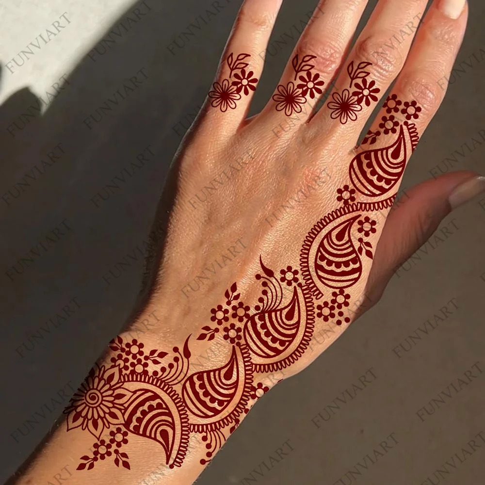 9pcs/pack Brown Henna Tattoo Stickers for Hand Maroon Henna Temporary Tattoos Flower Fake Tattoo for Women Festival Body Art 250515