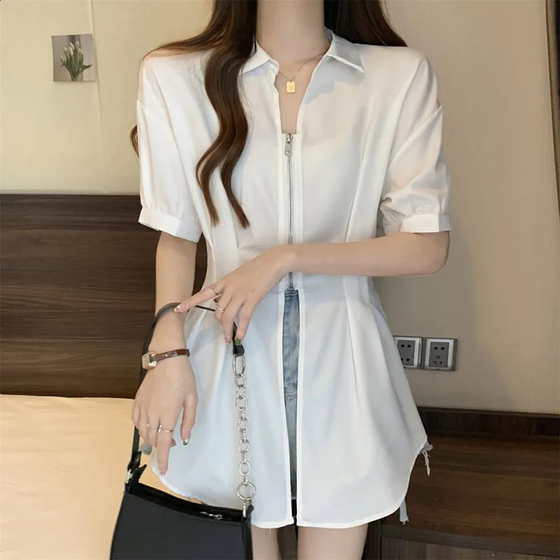2025 Summer Short Sleeve Shirt Korean Fashion Slim Fit Zipper Blouse Woman Simple AllMatch n Turndown Collar 250516Z