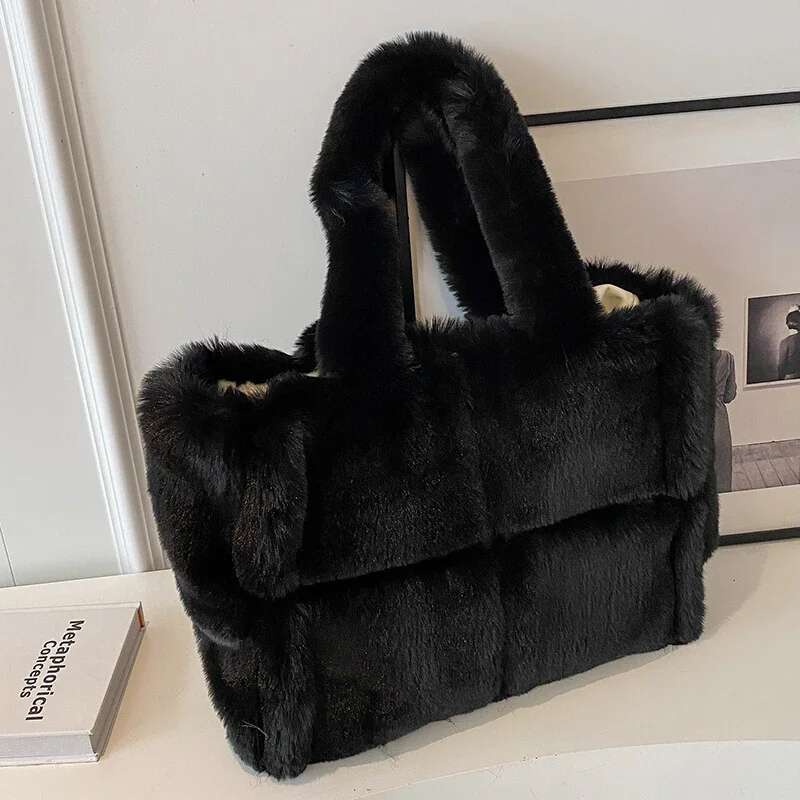 Faux Fur Women's Shoulder Large Capacity Soft Plush Casual Tote Bags Winter Fashion Female Travel Purse Handbags