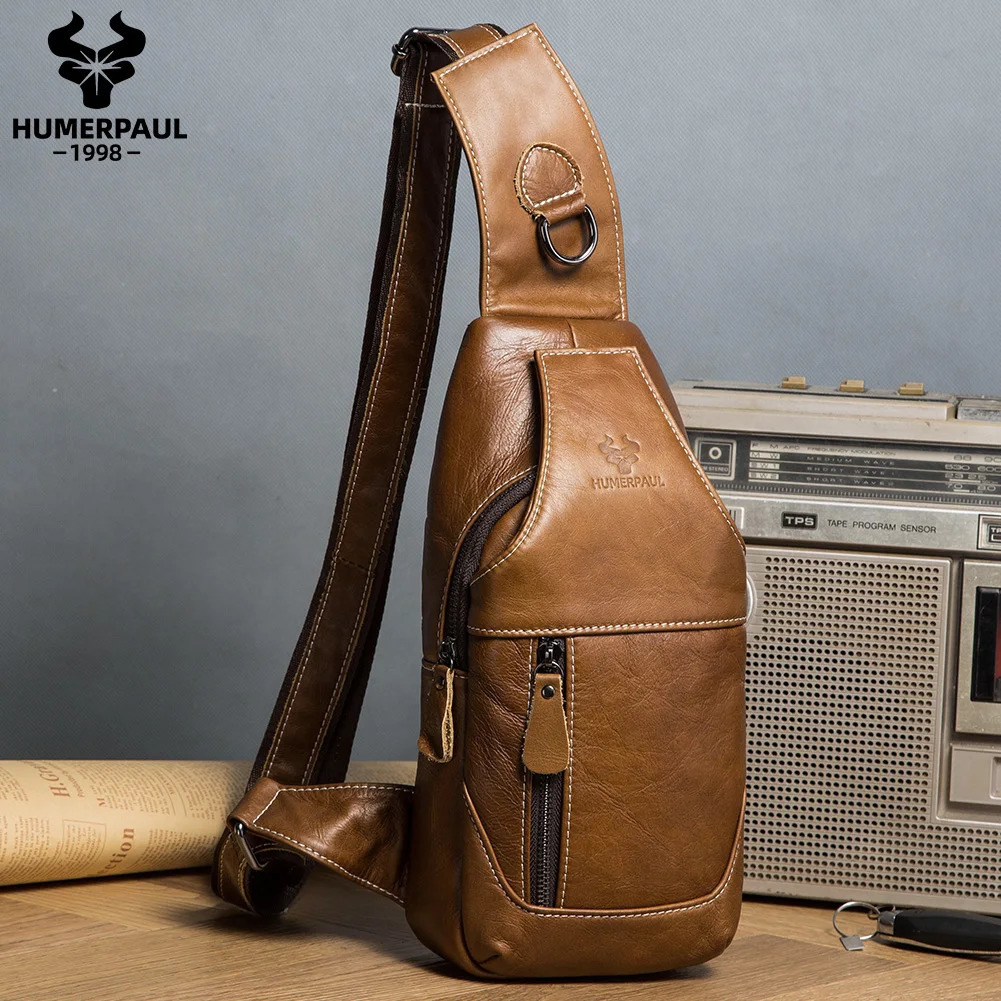 HUMERPAUL 100% Genuine Leather Chest Bag for Men Classic Shouder Messenger Bag with Cell Phone Pocket Outdoor Crossbody Bags 250519