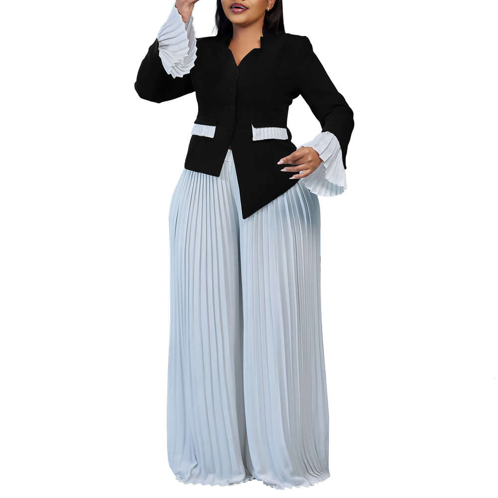 Women's Wear D3328 Plus Size Fashionable Women's Flared Sleeve Top, Pleated Wide Leg Pants Set, Color Blocked Two-Piece Set