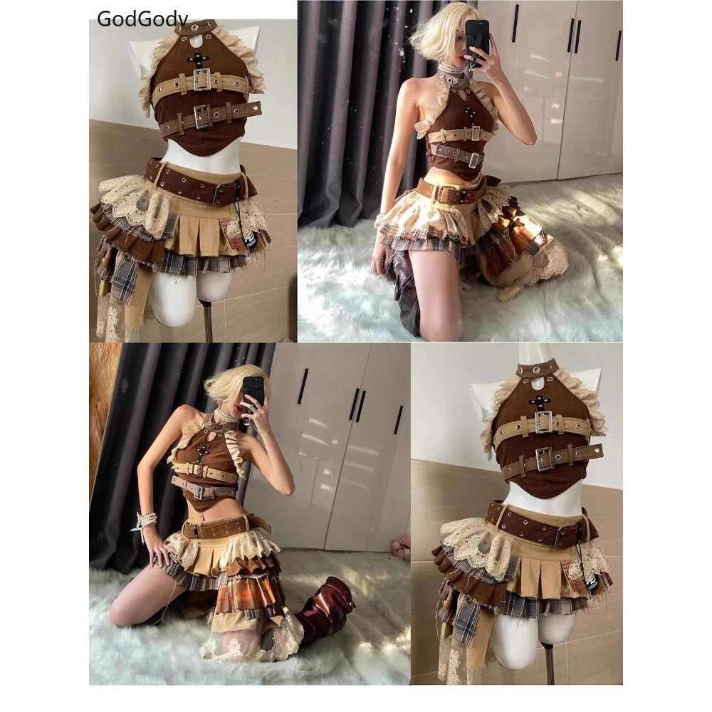 Sweet Kawaii 2 Piece Sets Women Japanese Y2k Brown Retro Tops + Chic Mini Cake Skirt Female Princess Elegant Outfits Spring 2025