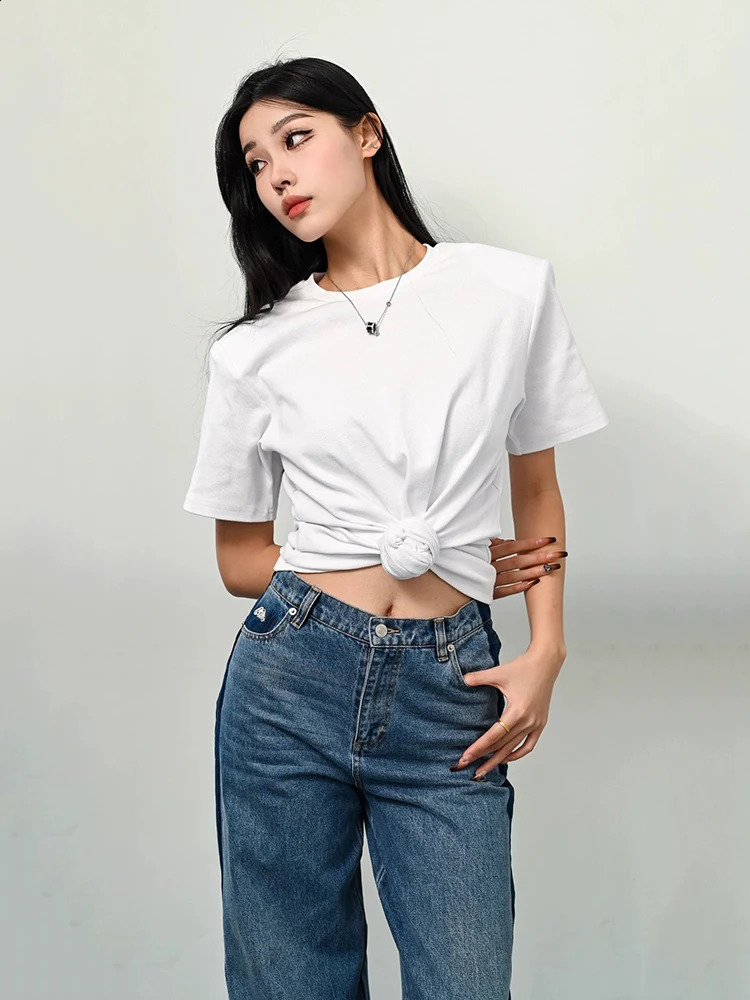 Y2K knotted twist knitted threaded round neck Top women fashionable and versatile navel padded shoulder short-sleeved T-shirt 250519