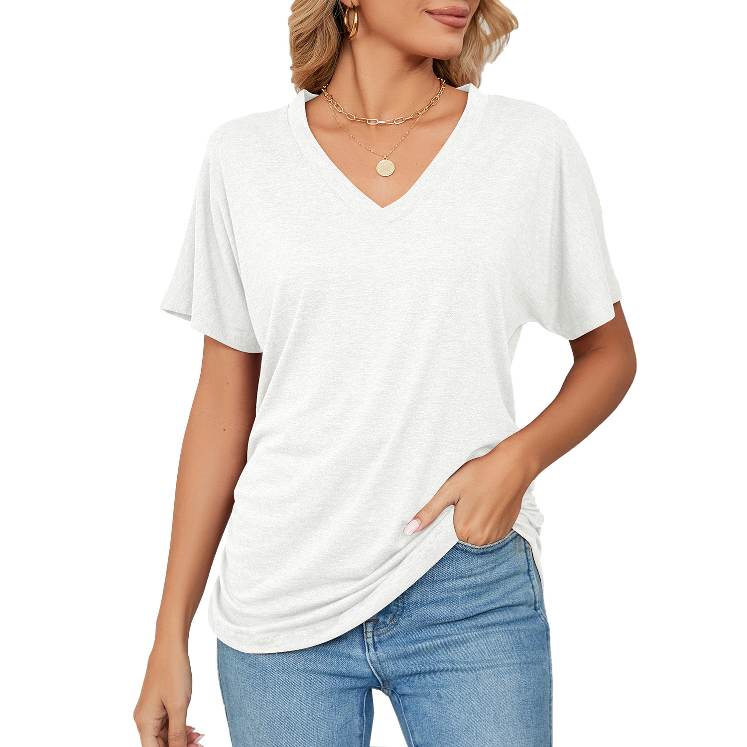 Designer Clothing 2025 Summer New Casual Pullover V-neck Solid Color Loose T-shirt Women's Top Fashionable