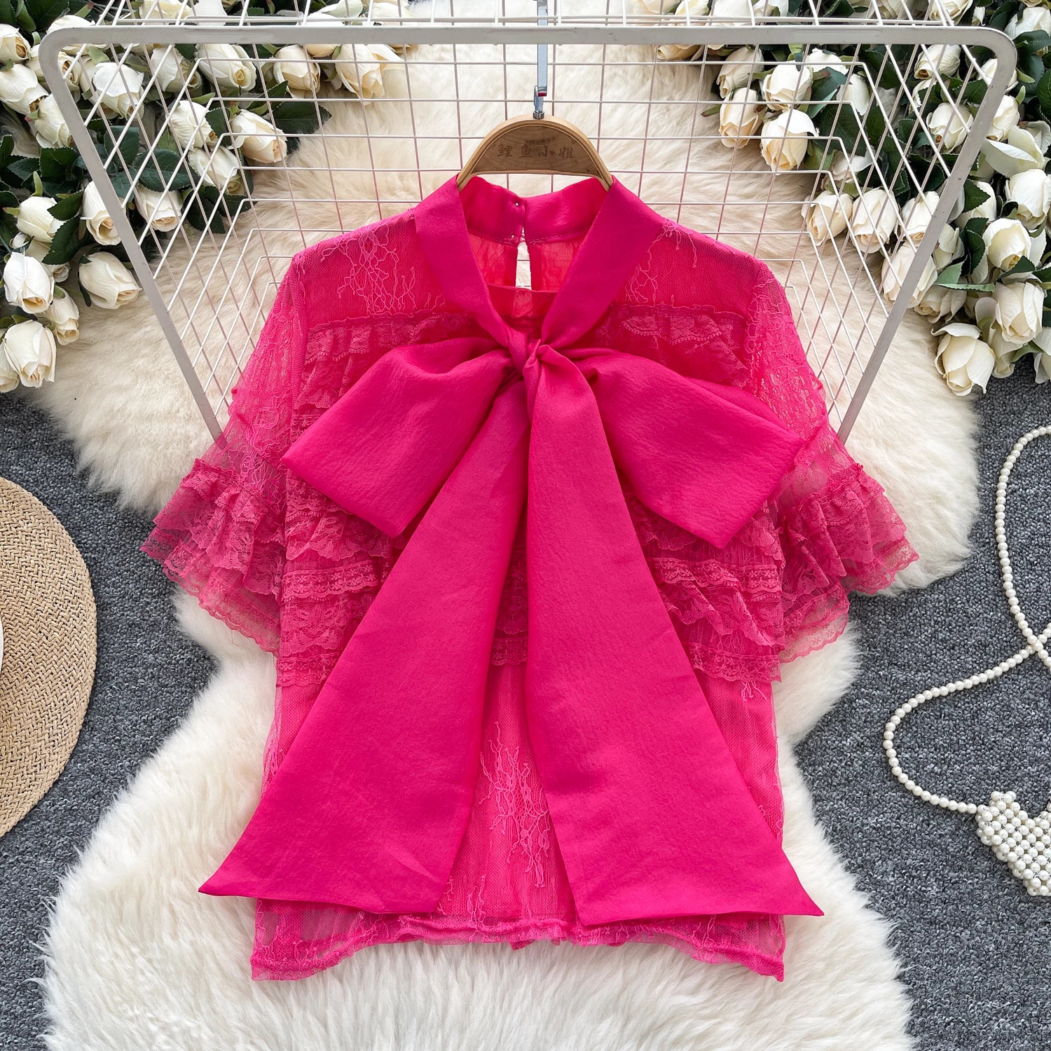 Chic Oneck butterfly lace short sleeve Elegant Fashion Sexy Shirt Women Blouse 250520
