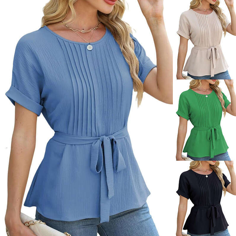 Spring/Summer New Casual Shirt With Ruffle Edge Pleated Round Neck Short Sleeved Top For Fashionable Women B5