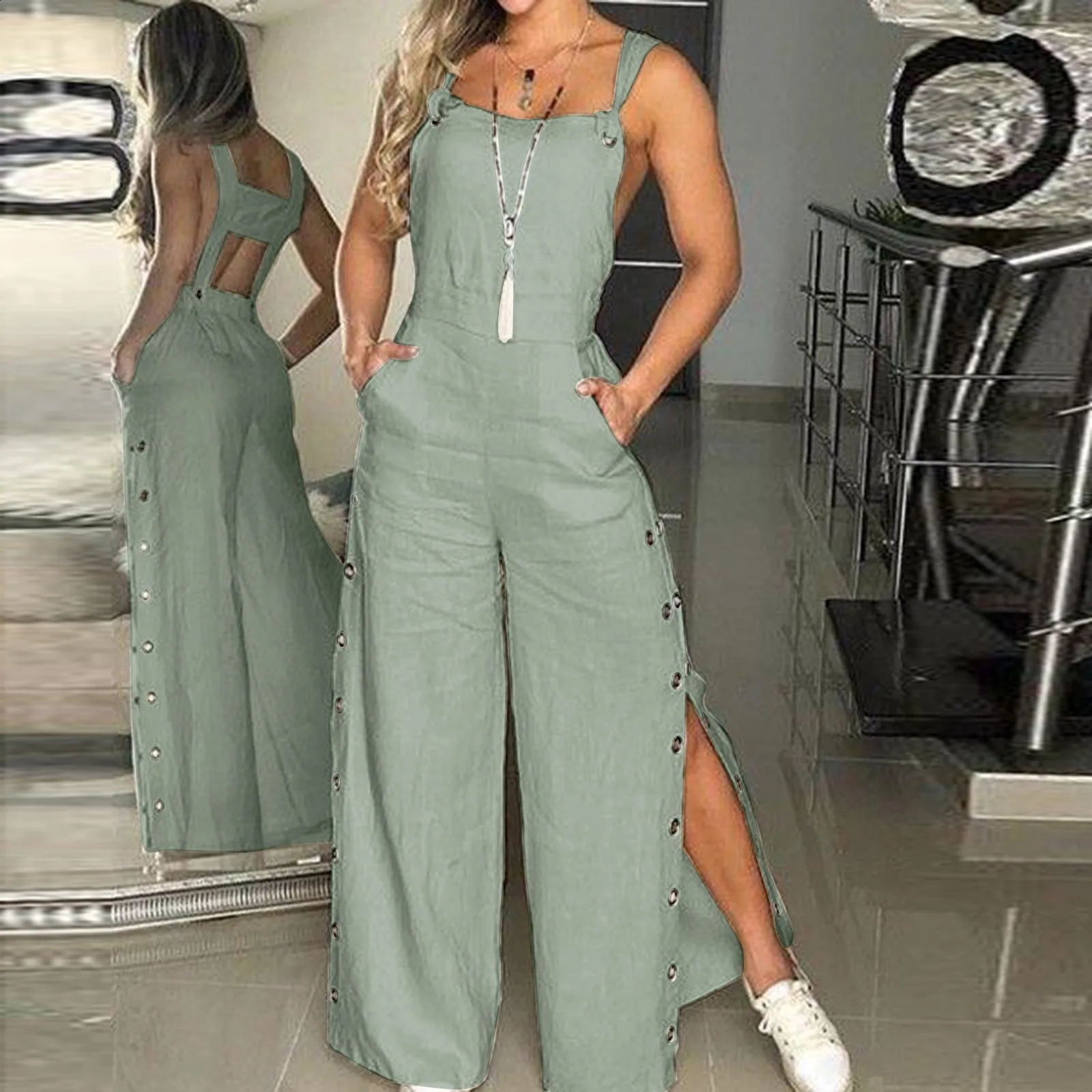 Womens Summer Sleeveless Cotton Linen Playsuits Strappy Side Button Opening Overalls Loose Long Wide Leg Pants Female Jumpsuits 250519