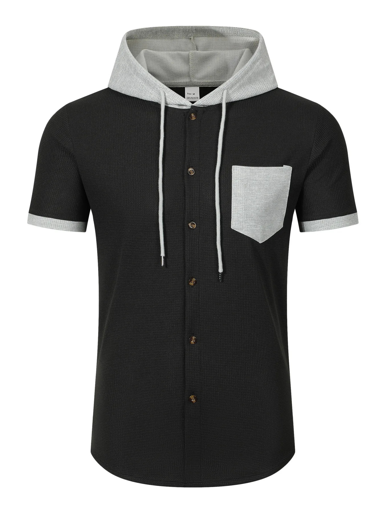 Mens Summer Waffle Hooded Cardigan ShortSleeved Jacket TwoTone Pocket BuckleButtoned Casual Knitwear 250520
