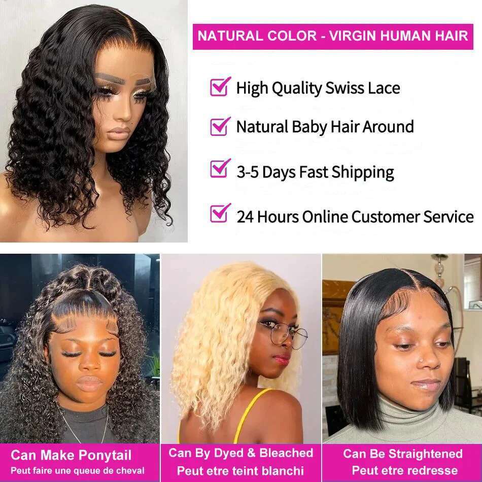 Deep Wave Short Bob 100% Brazilian Virgin Human Hair 13x4 HD Lace Frontal Wigs Pre Plucked Natural 4x4 Closure 200% Density