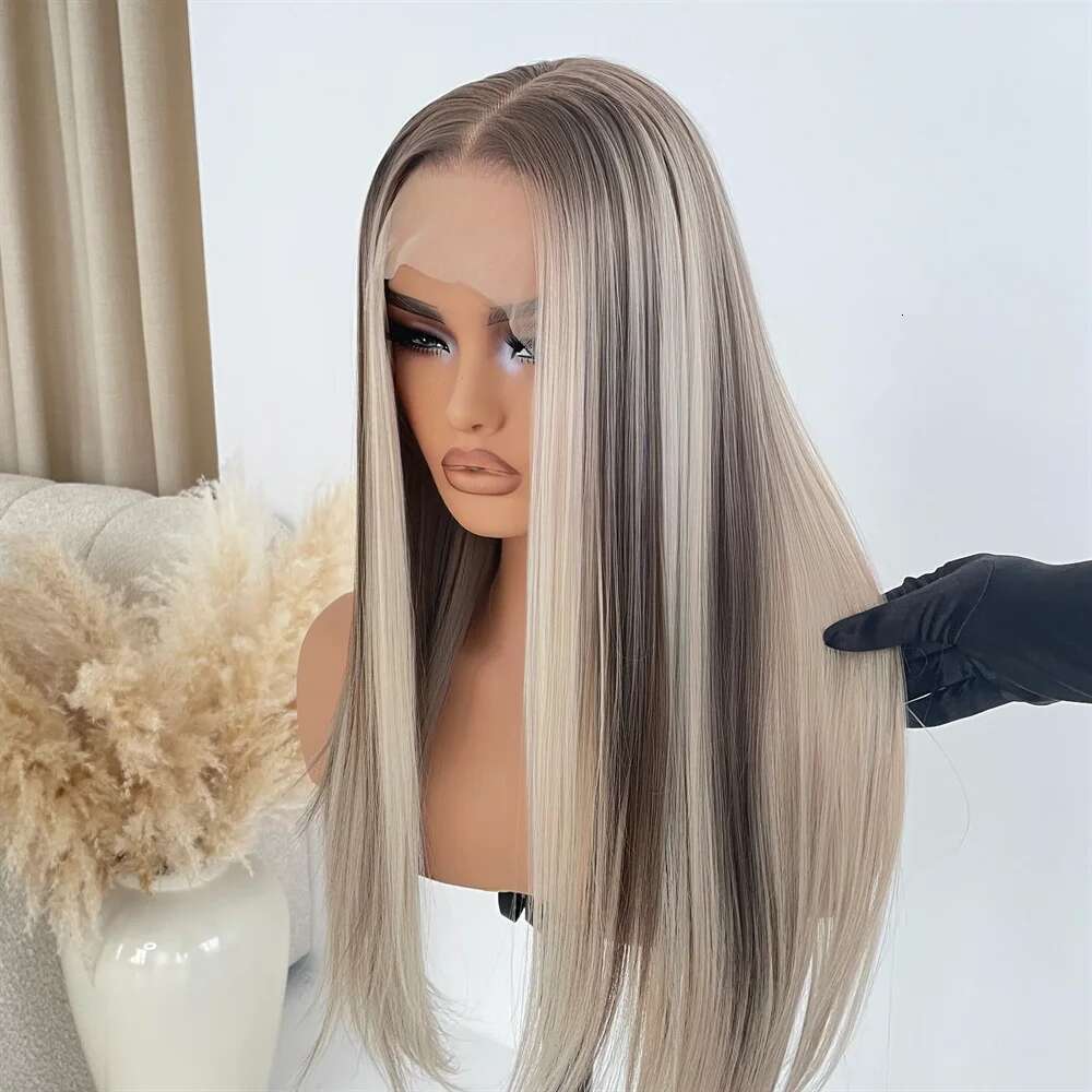 13x4 Front Wig Highlight Ash Blonde Straight Synthetic Lace Wigs for Women Preplucked Hairline Natural Density Long Hair