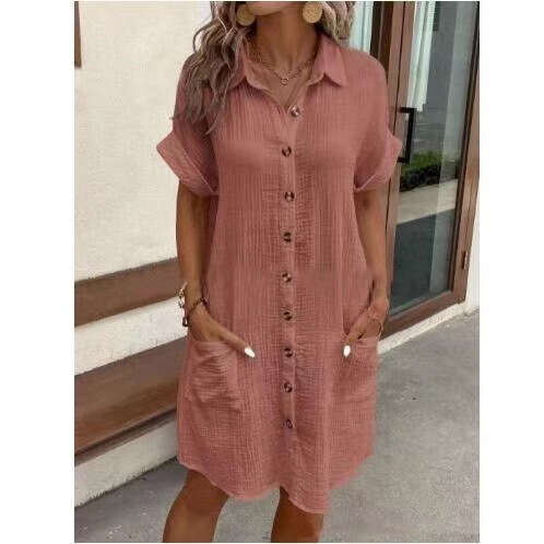Dresses for Woman Summer Dress Devise 2025 New Clothing Womens Hot Products Solid Color Cotton Hemp Buckle Medium to Long Short Sleeves