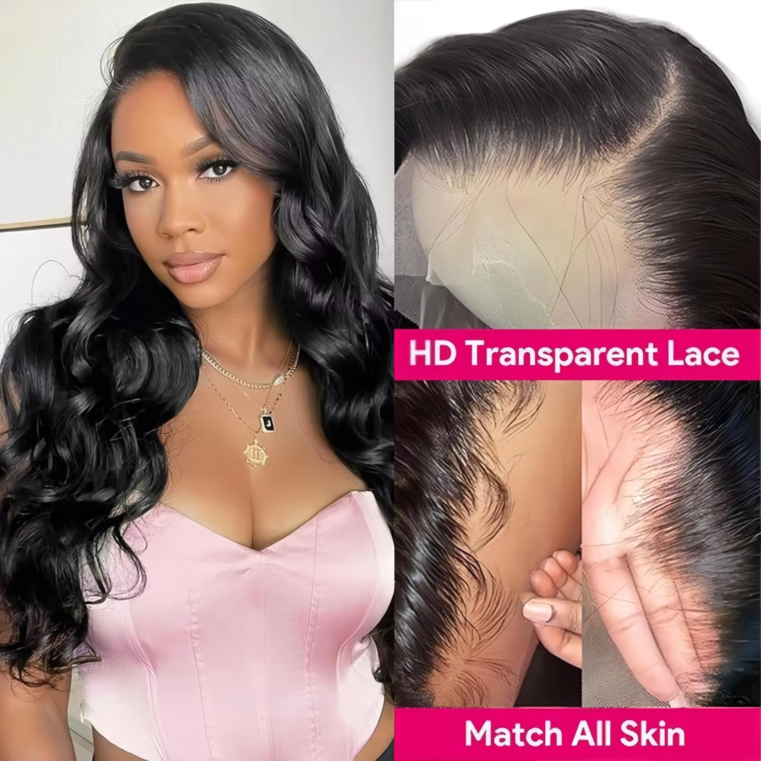 Black Colored Lace Front Wig Brazilian Look Like Human Hair Pre Plucked for Women Transparent Lace 250 Density Heat Resistant Synthetic Easy to Wear L