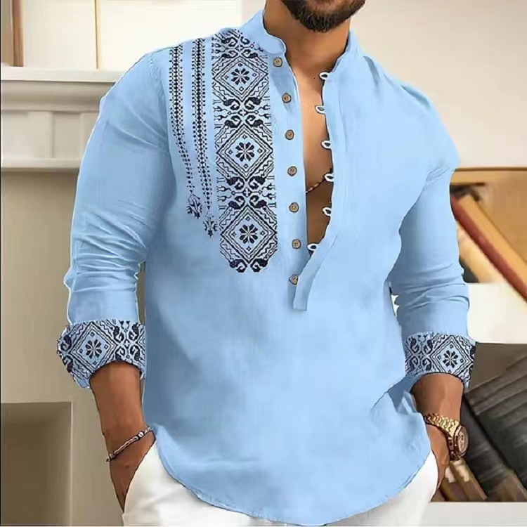 Men's Fashion Summer New Style Long Sleeved Stand Up Collar Trend Semi Cardigan Casual Thin Shirt Trend 2025 New Designer Clothing